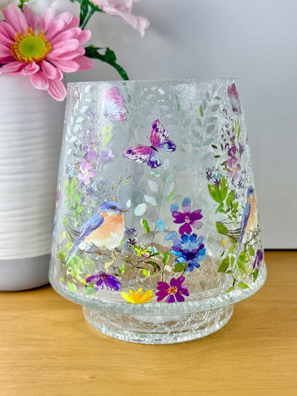Floral Bird Hurricane Glass Vase - large
