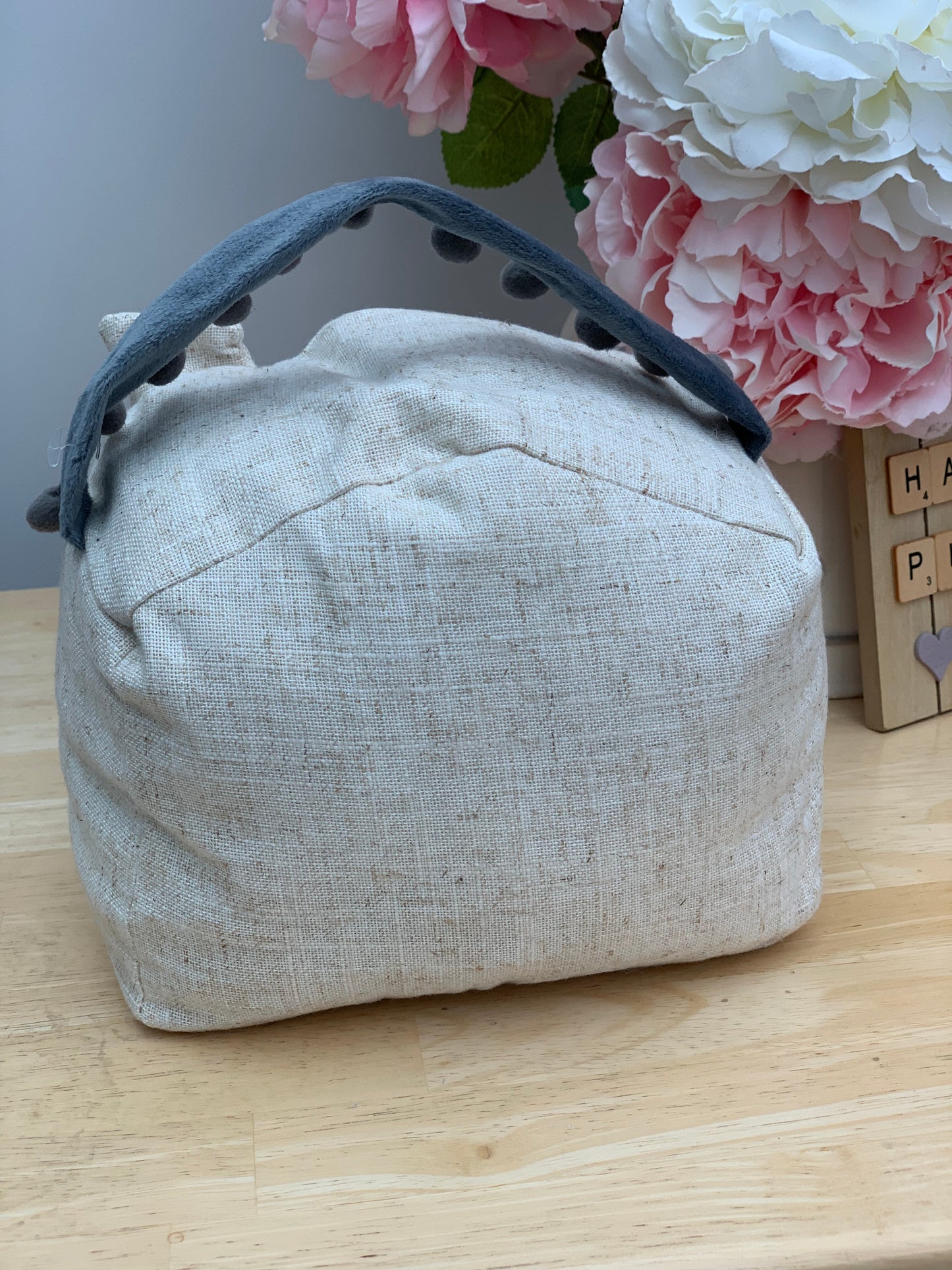 Family Tree Linen Doorstop with Grey Pom Poms