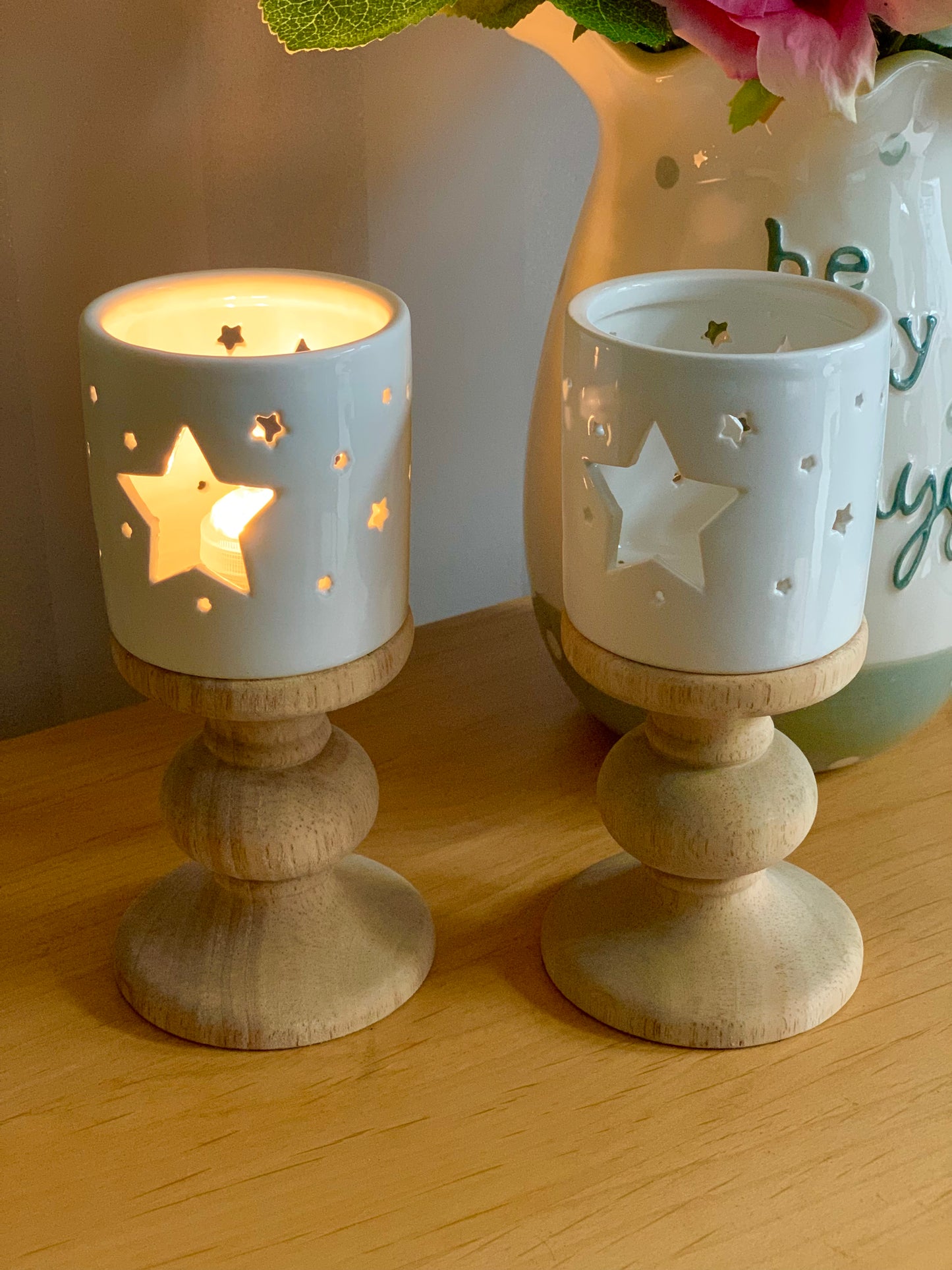Mango Wood & Ceramic Candle Holder
