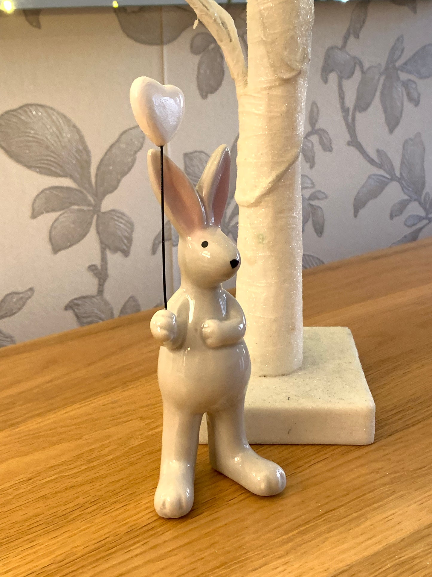 Porcelain Pale Grey Bunny with heart balloon
