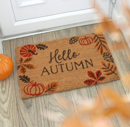 Hello Autumn with leaves & pumpkins Door Mat