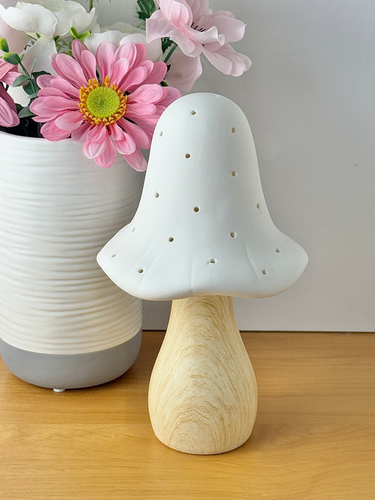 Mushroom Glow Lamp - Medium - White with natural wood like base