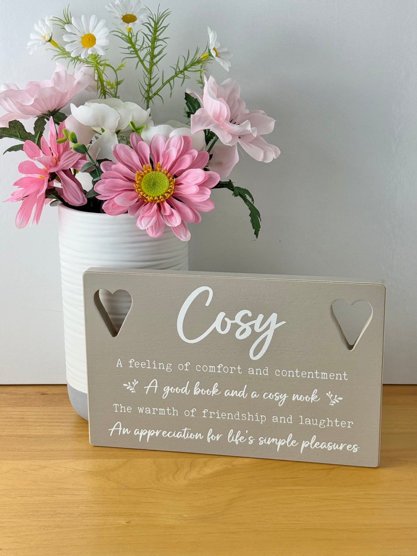 Cosy Home Sign - grey wood with cut out hearts