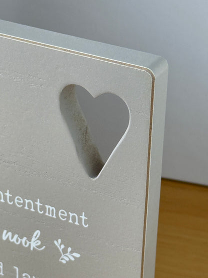 Cosy Home Sign - grey wood with cut out hearts