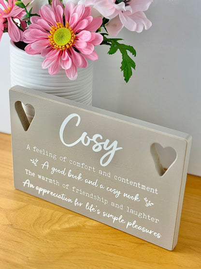 Cosy Home Sign - grey wood with cut out hearts