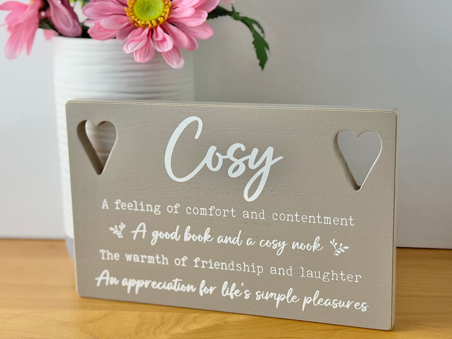 Cosy Home Sign - grey wood with cut out hearts