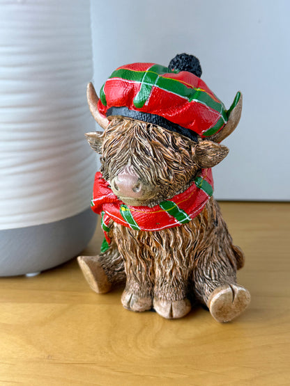 Highland Cow with Red Tartan Hat & Scarf