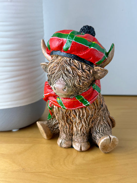 Highland Cow with Red Tartan Hat & Scarf