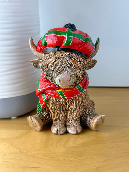 Highland Cow with Red Tartan Hat & Scarf