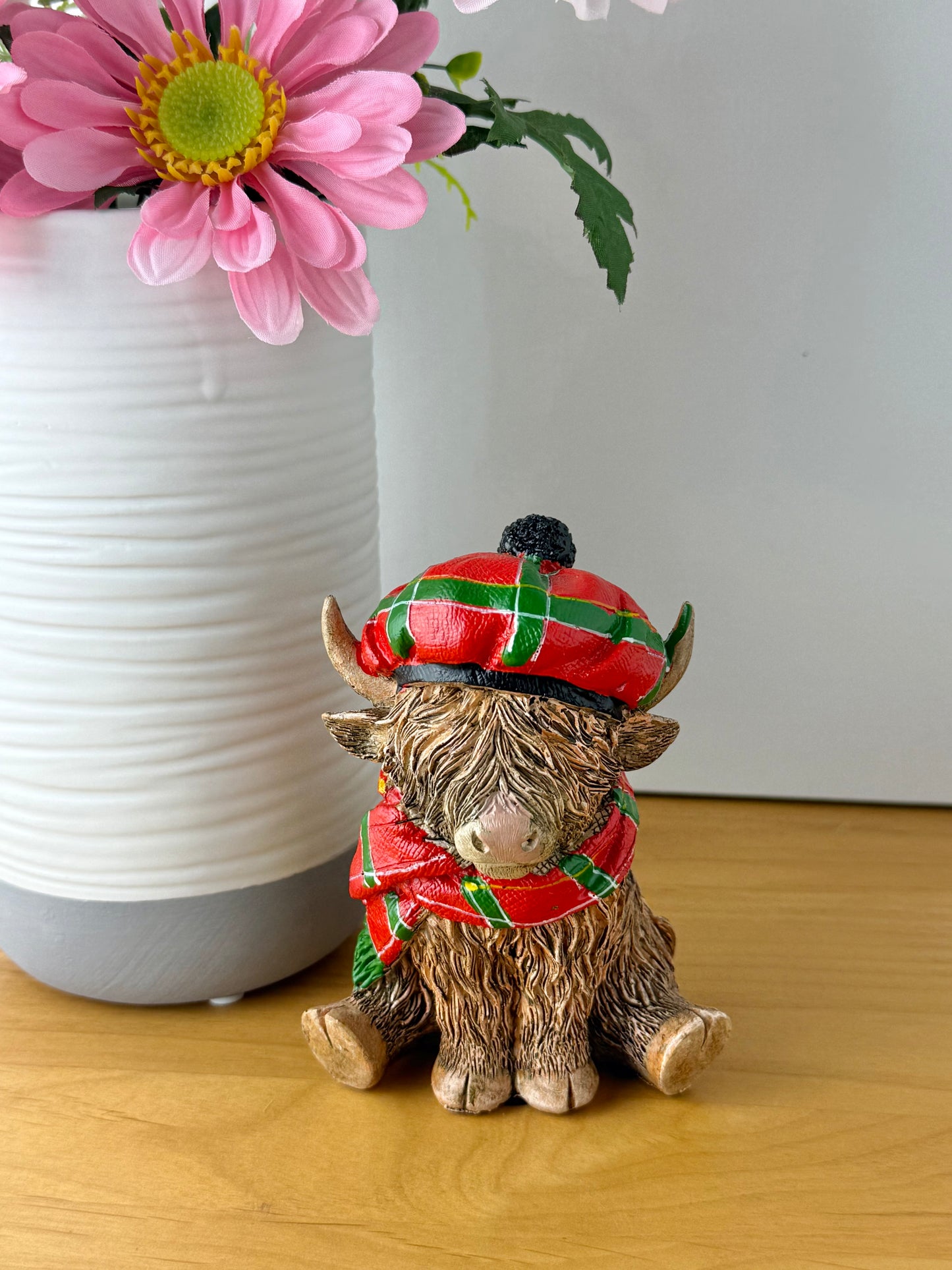Highland Cow with Red Tartan Hat & Scarf