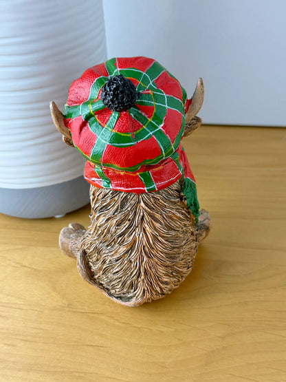 Highland Cow with Red Tartan Hat & Scarf