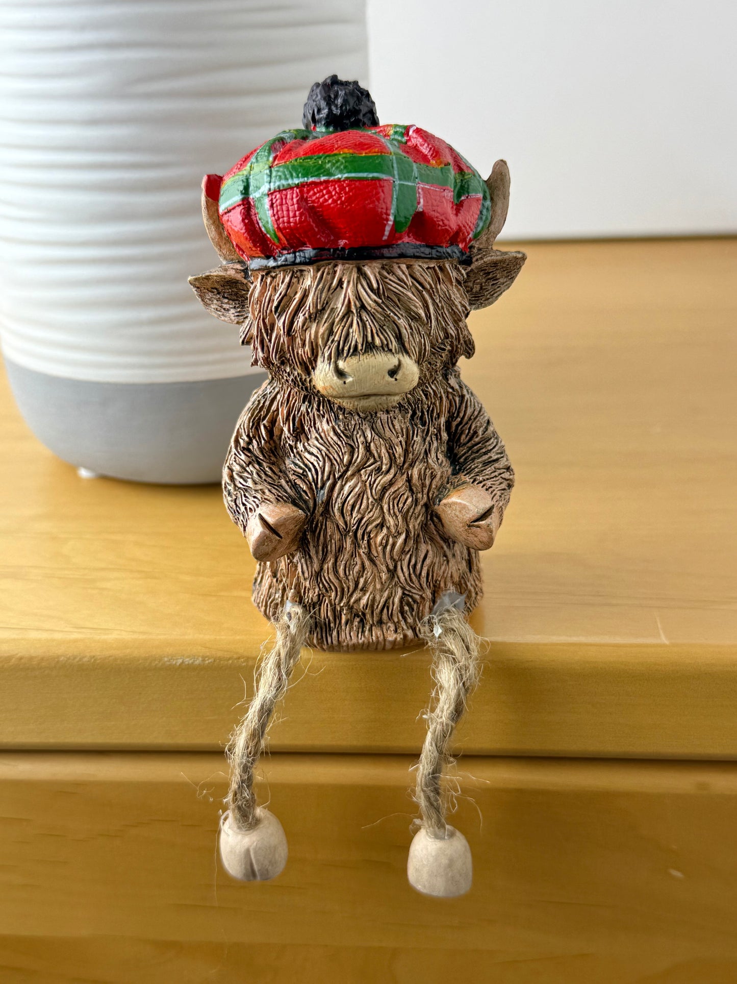 Highland Cow with Red Tartan hat & dangley legs