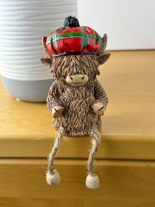 Highland Cow with Red Tartan hat & dangley legs