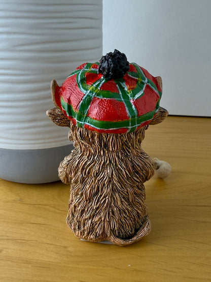 Highland Cow with Red Tartan hat & dangley legs