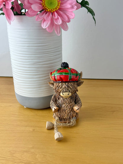 Highland Cow with Red Tartan hat & dangley legs