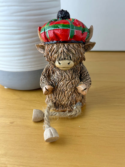 Highland Cow with Red Tartan hat & dangley legs