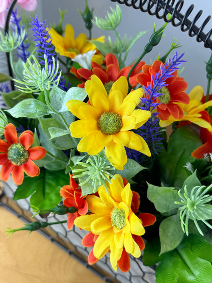 Yellow & orange Forever Flowers in a Wire Basket