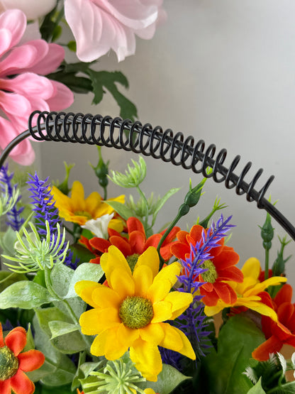 Yellow & orange Forever Flowers in a Wire Basket