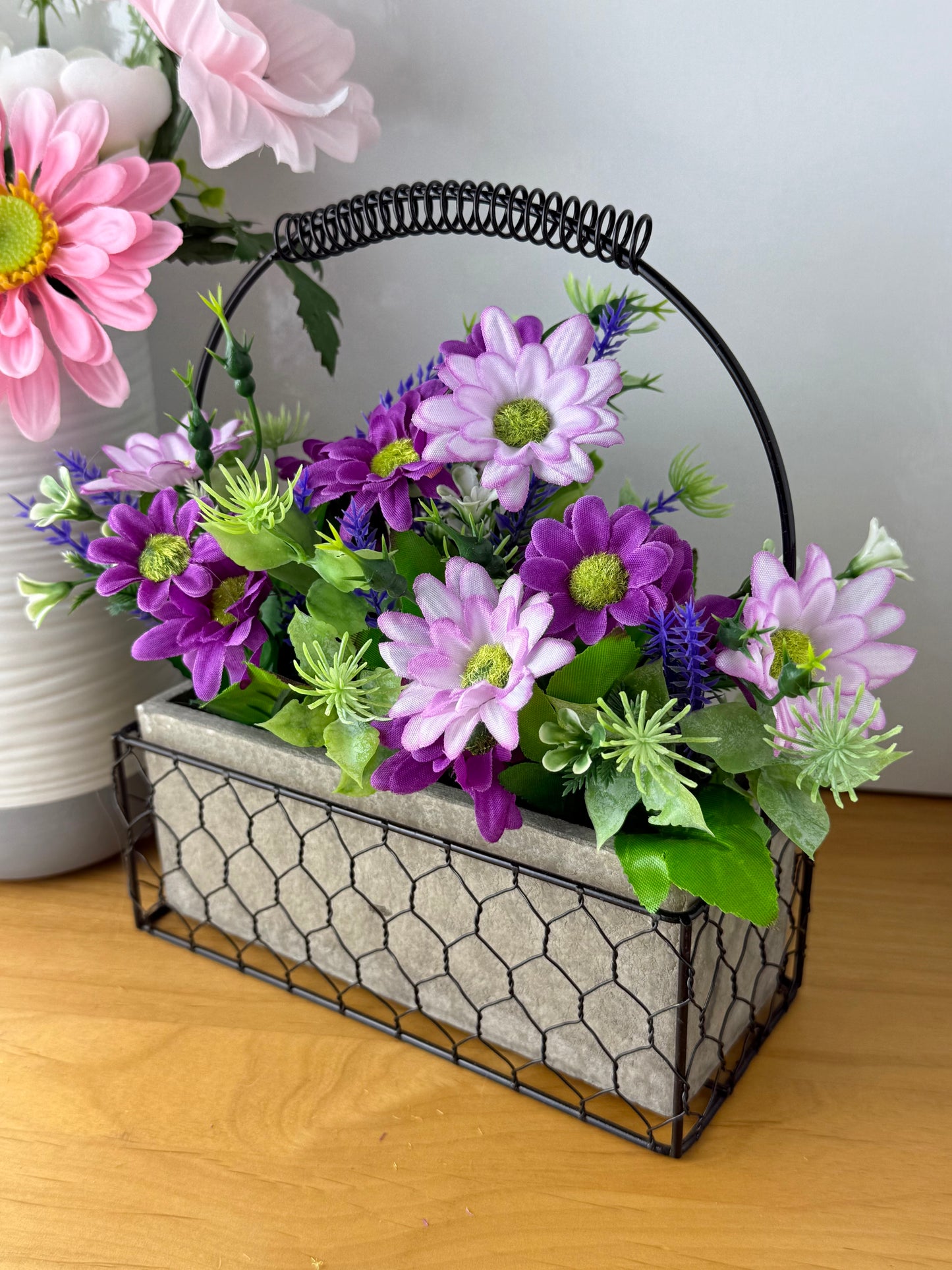 Purple & Lilac Forever Flowers in a Wire Basket