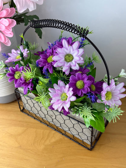 Purple & Lilac Forever Flowers in a Wire Basket