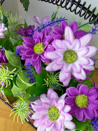 Purple & Lilac Forever Flowers in a Wire Basket