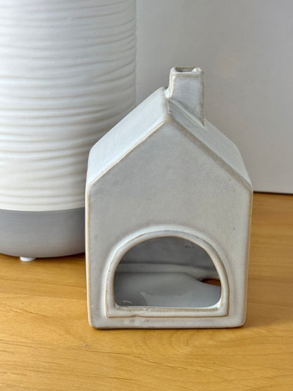 Grey glazed t-light holder - shape of house with cutout star