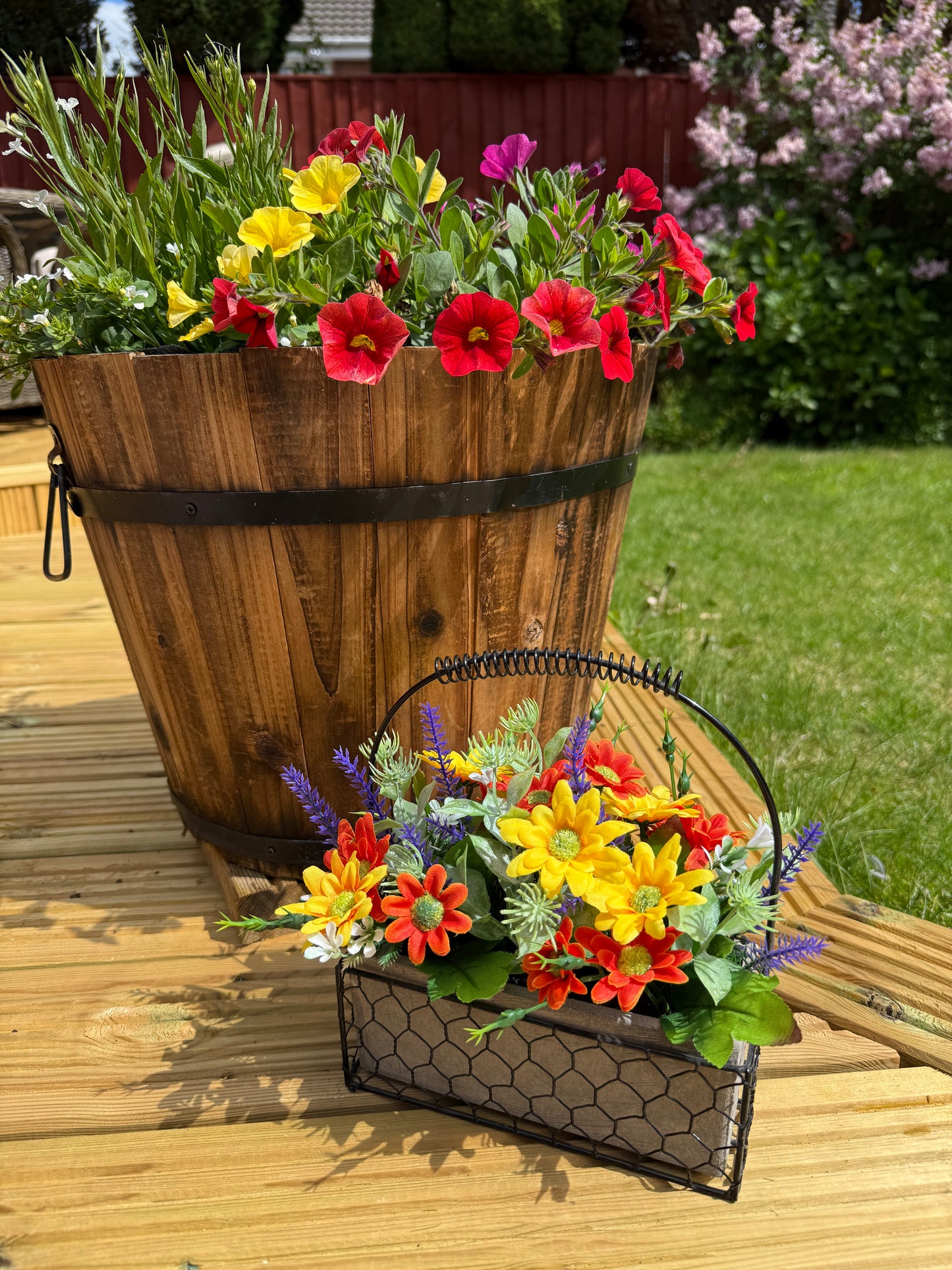 Yellow & orange Forever Flowers in a Wire Basket