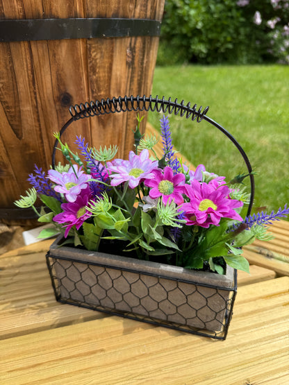 Purple & Lilac Forever Flowers in a Wire Basket