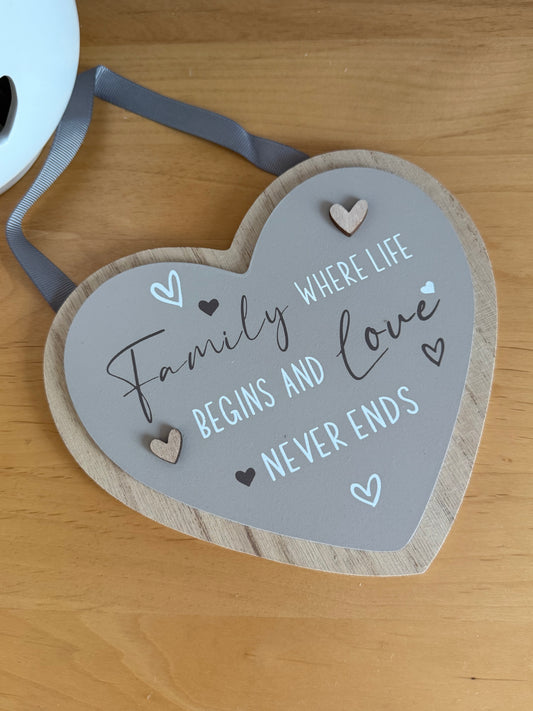 Family where love begins and love never ends wooden heart sign