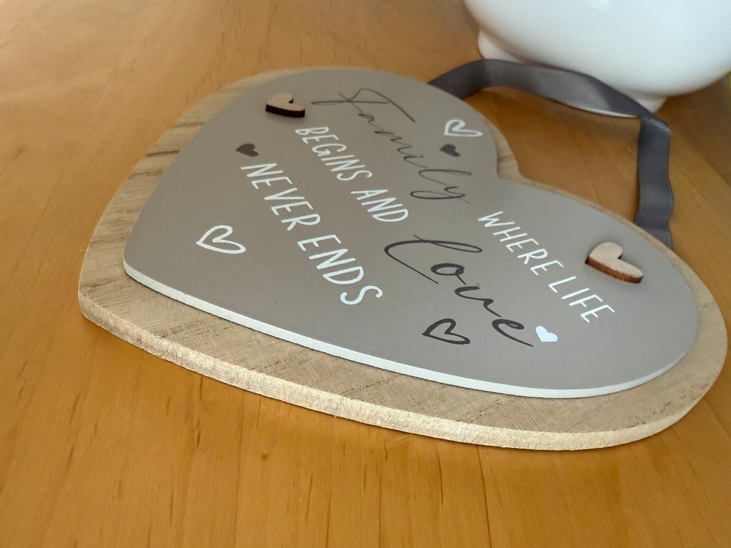 Family where love begins and love never ends wooden heart sign