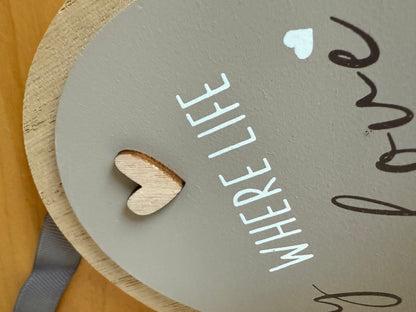 Family where love begins and love never ends wooden heart sign