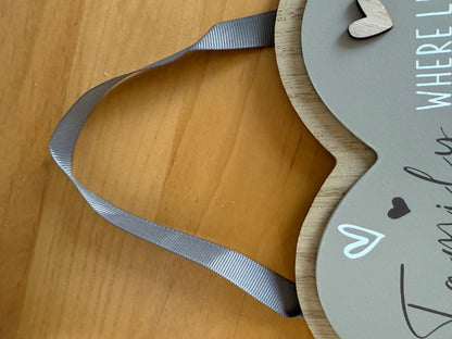 Family where love begins and love never ends wooden heart sign