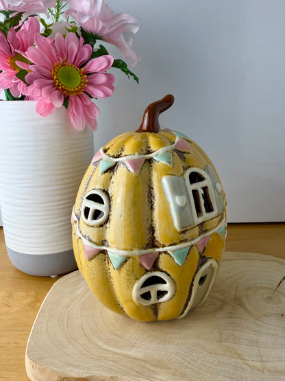 Light up Yellow ceramic Pumpkin