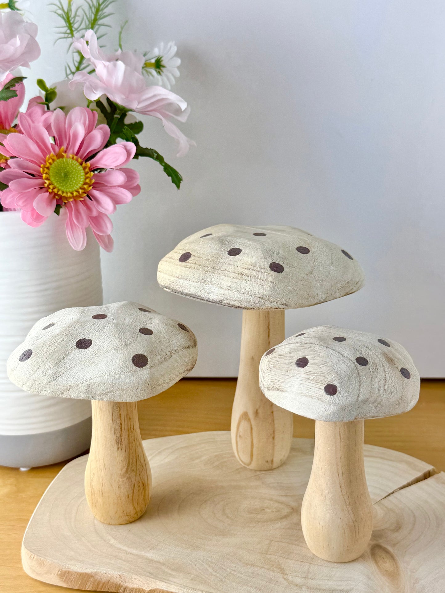 White washed wooden Mushrooms with brown spots - Set of 3