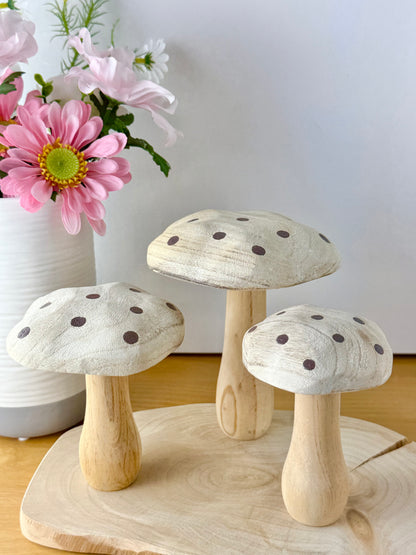 White washed wooden Mushrooms with brown spots - Set of 3