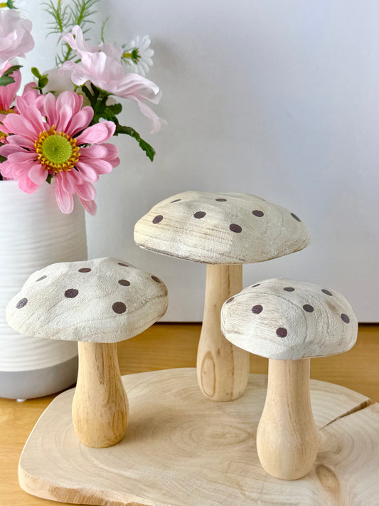 White washed wooden Mushrooms with brown spots - Set of 3