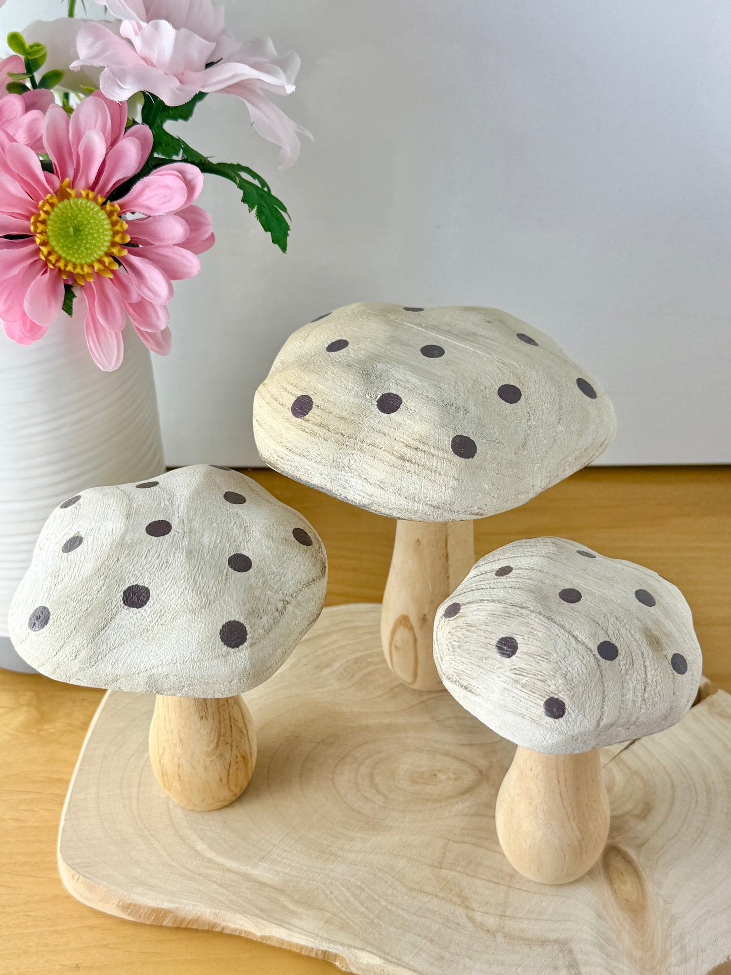 White washed wooden Mushrooms with brown spots - Set of 3