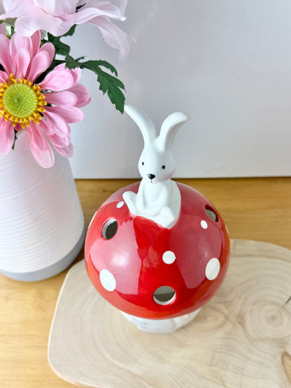 Red & White Mushroom T-Light Holder with bunny