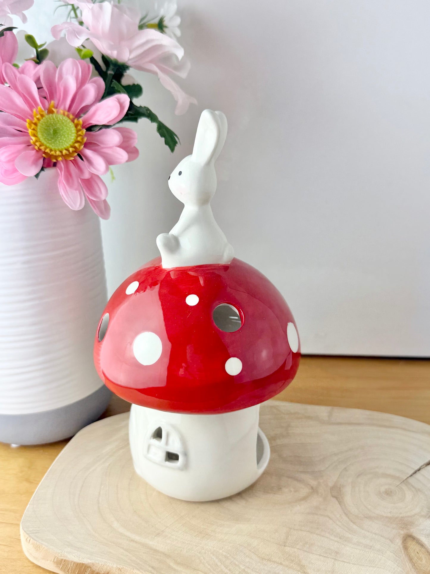 Red & White Mushroom T-Light Holder with bunny