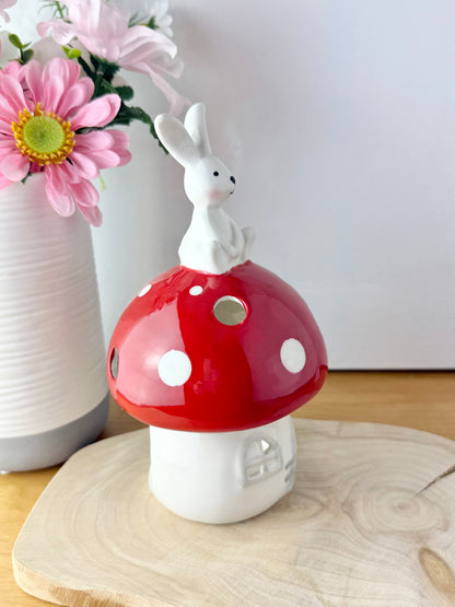 Red & White Mushroom T-Light Holder with bunny