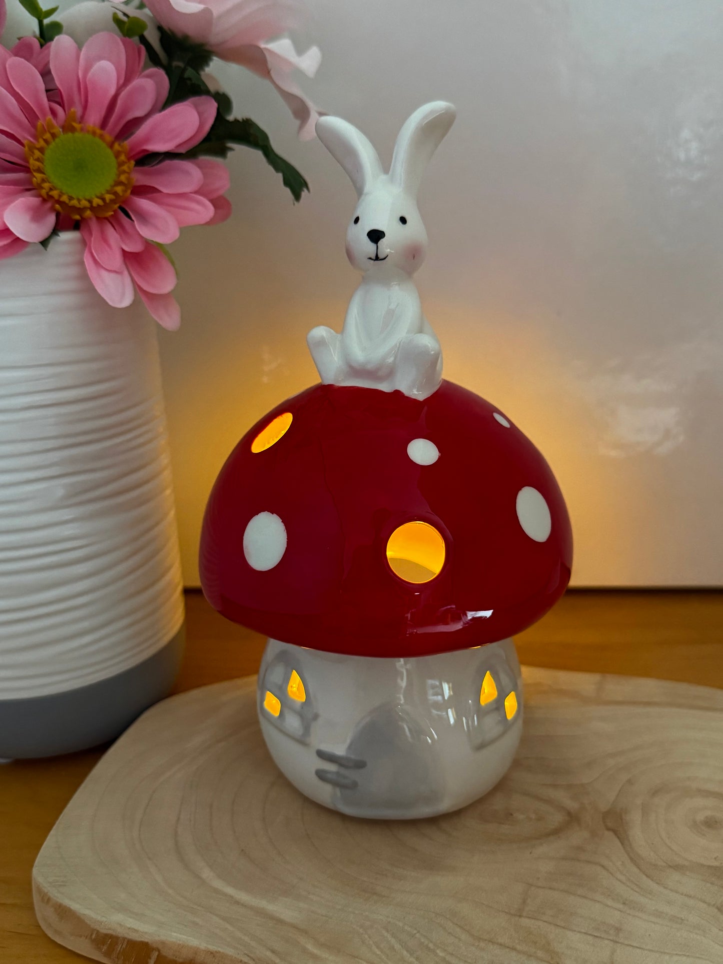 Red & White Mushroom T-Light Holder with bunny