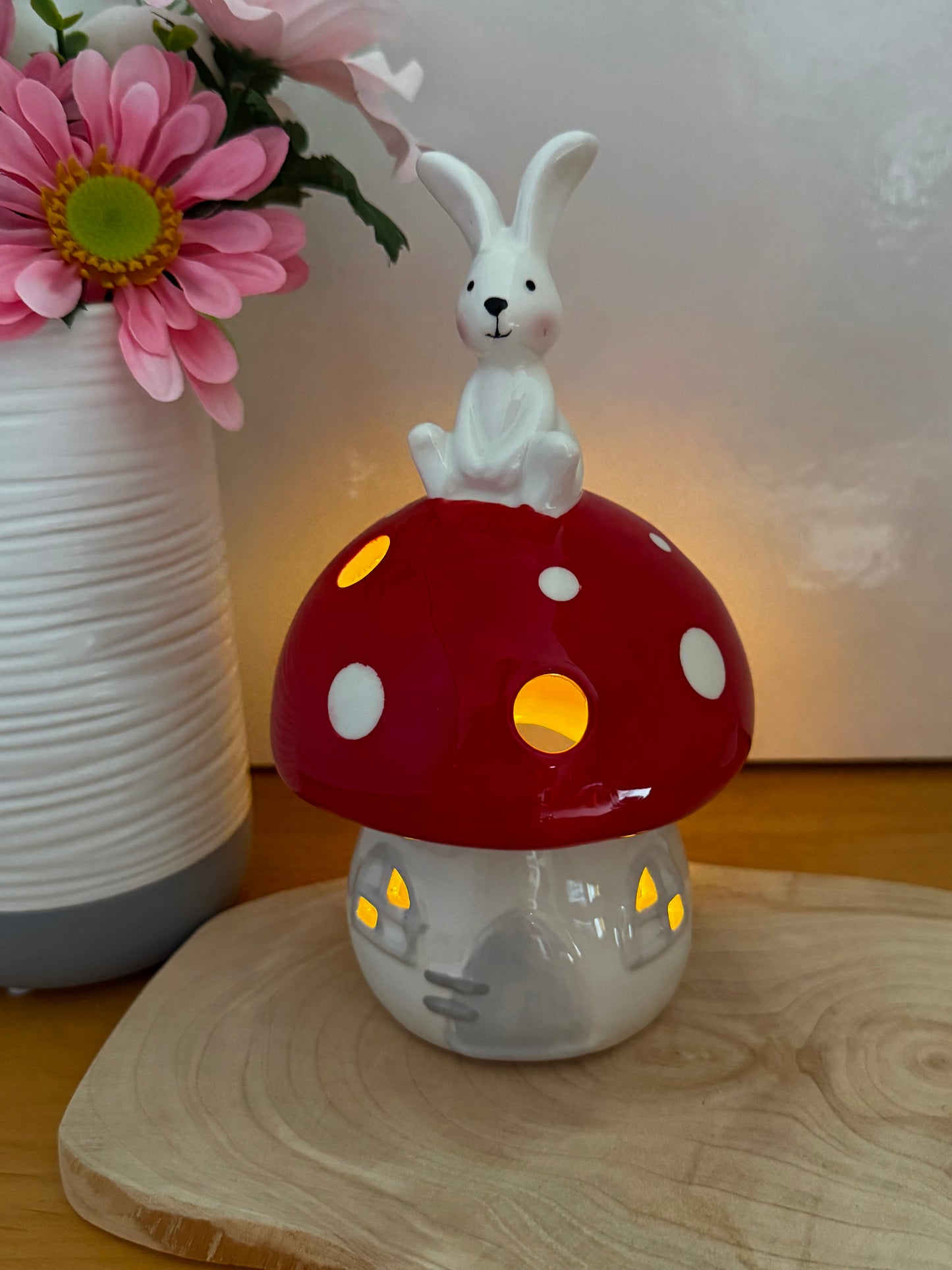 Red & White Mushroom T-Light Holder with bunny