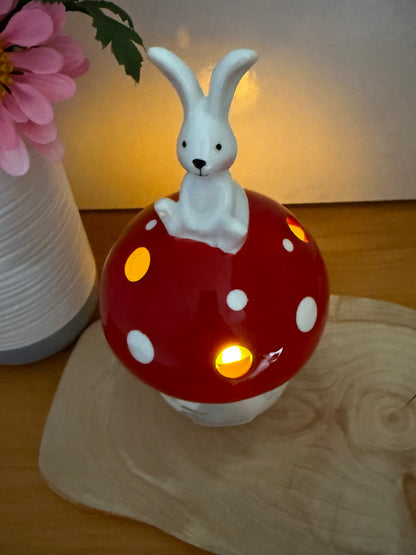 Red & White Mushroom T-Light Holder with bunny