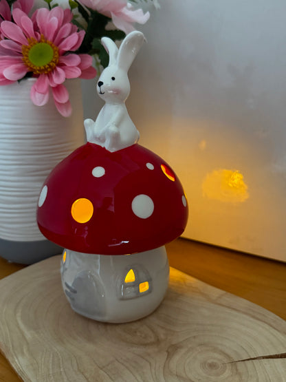 Red & White Mushroom T-Light Holder with bunny
