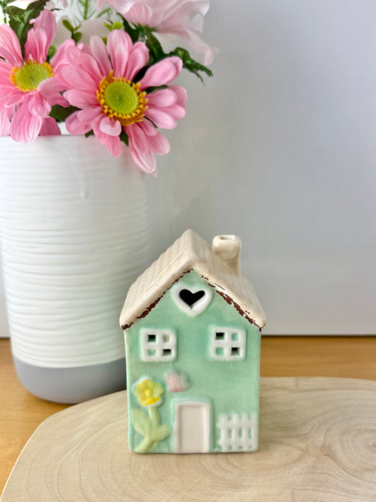 Light up turquoise ceramic Flower House