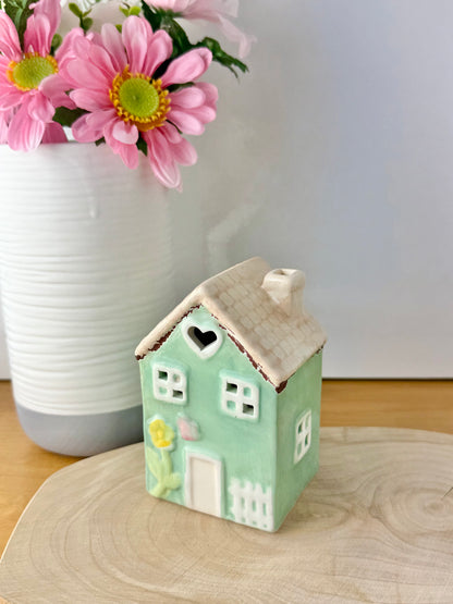 Light up turquoise ceramic Flower House