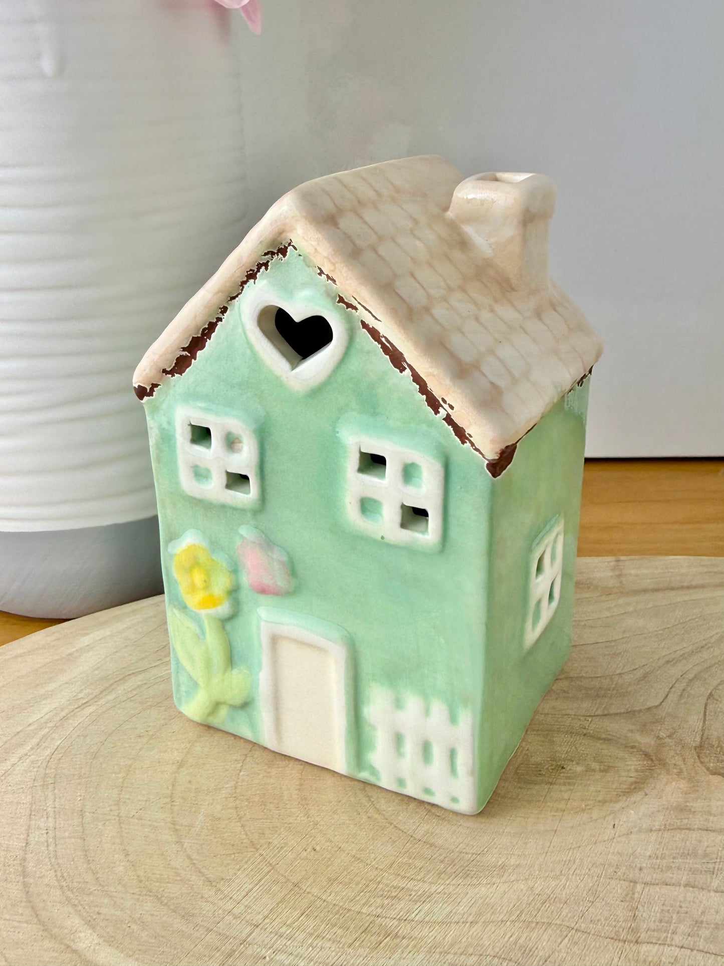Light up turquoise ceramic Flower House