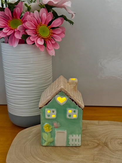 Light up turquoise ceramic Flower House