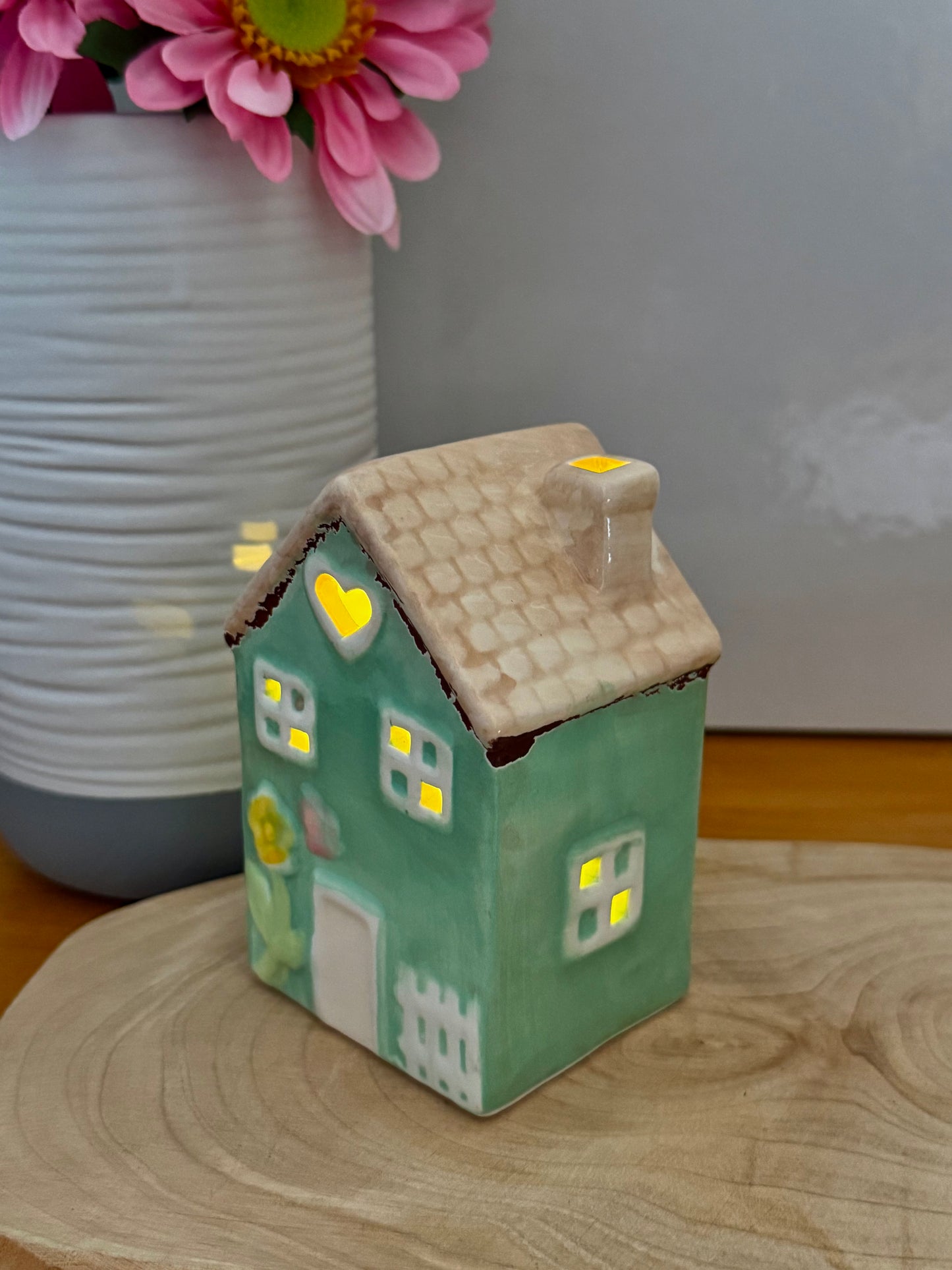 Light up turquoise ceramic Flower House