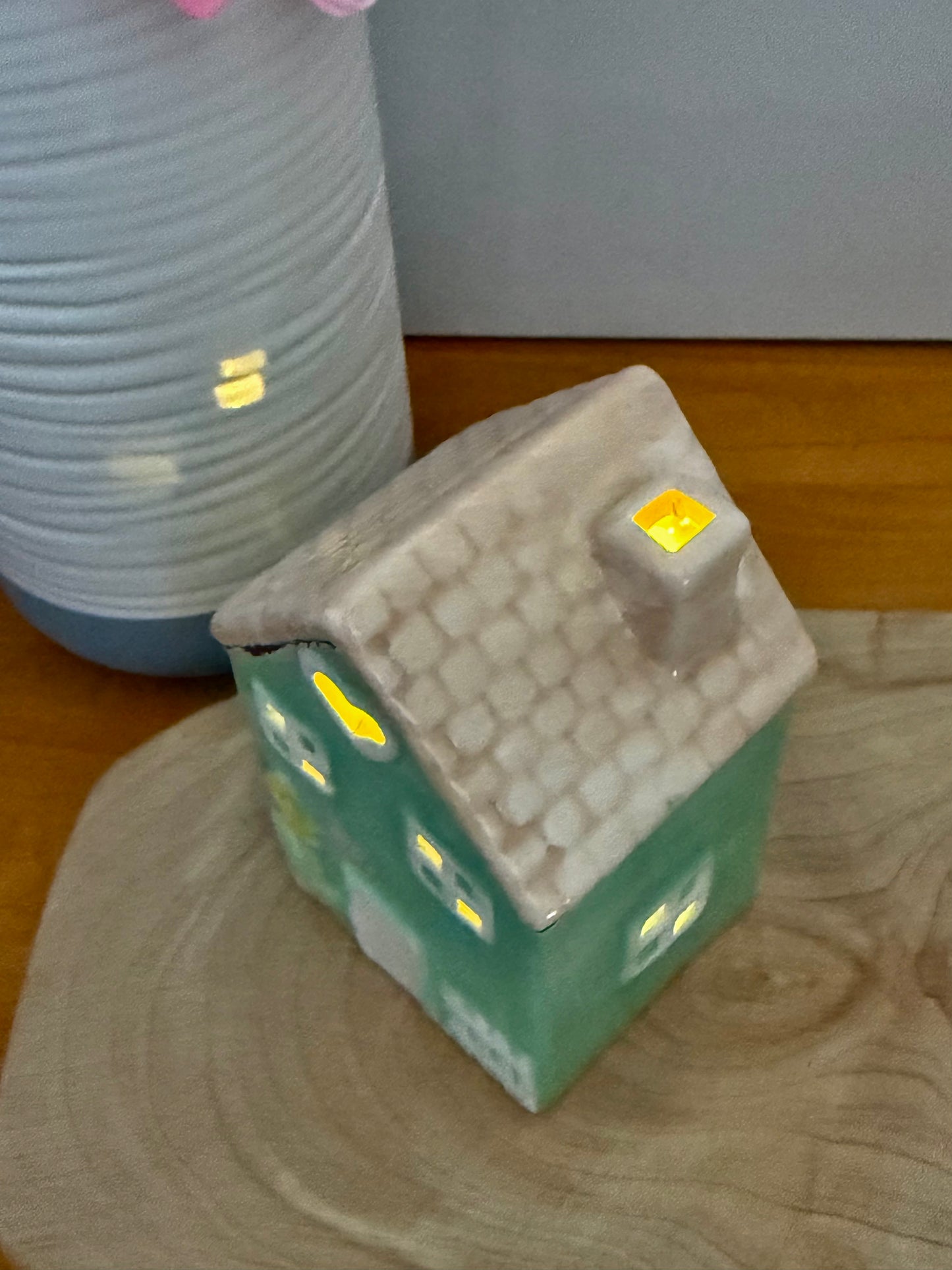 Light up turquoise ceramic Flower House